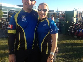 Dwayne Dyck (left) and his daughter Brittany Tremblay participated in the 2015 Enbridge Ride to Conquer Cancer, held this year on Aug. 8 and 9. Dyck, who has participated in the annual event for years, said this year’s event was particularly special because Tremblay rode with his team, Carol’s Crusaders, for the first time. Now they turn to the residents of the tri-area to recruit riders and inform them of the event during an information session on Sept. 22 - Photo supplied