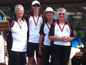 Ontario B ladies fours team competed at the Canadian championships and came away with the silver medal. Trudy Hill (second) and Kay Johns (skip) are both members of Clinton Lawn Bowling Club. JoAnne Bugler (vice) and Sharon Farrish (lead) are both of the Exeter Lawn Bowling Club. (Contributed photo)