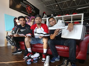 Johann Generao, Jerry Legaspi and Frendell Cano (from left) of Winnipeg's Got Sole are seen at Red Ronin Apparel and Tattoo on McPhillips Street. The trio are hosting the third annual Winnipeg's Got Sole Expo on Sunday. (Kevin King/Winnipeg Sun)