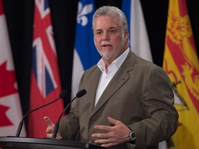 Quebec Premier Philippe Couillard fields questions at the summer meeting of Canada's premiers in St. John's on Thursday, July 16, 2015. THE CANADIAN PRESS/Andrew Vaughan
