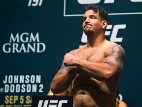 Frank Mir appears at a weigh in at the MGM Grand Casino in Las Vegas prior to UFC 191 on Friday, Sept. 4, 2015.  (L.E. Baskow/Las Vegas Sun via AP)