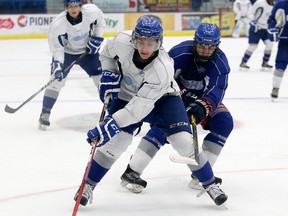David Levin, left, participates in a scrimmage at the Wolves training camp at the Sudbury Community Arena in Sudbury, Ont. on Friday September 4, 2015.