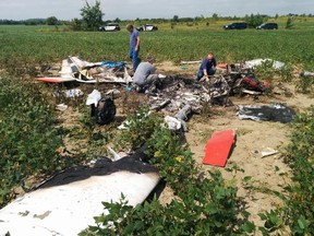 Investigators comb through the wreckage of a small plane crash near the Stoney Creek Airport. A London man, 54, was killed in the crash. (Transportation Safety Board photo)
