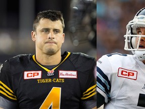 Hamilton Tiger-Cats quarterback Zach Collaros and Toronto Argonauts quarterback Trevor Harris. (THE CANADIAN PRESS)