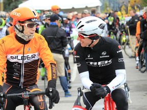 Reigning Power Jersey holder Ben Perry shares a laugh with current race leader Buake Mollema before the Stage 4 start in the Town of Jasper. CHRIS FUNSTON/Edson Leader/Postmedia