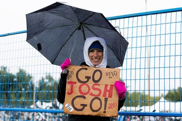 Sarah Troster cheers on Josh Raizman during the 2015 ITU World Triathlon Edmonton in Hawrelak Park, in Edmonton Alta. on Sunday Sept. 6, 2015. David Bloom/Edmonton Sun/Postmedia Network