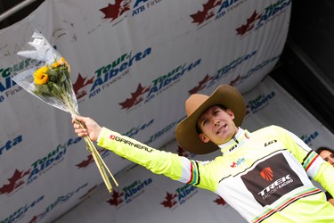 Overall leader Bauke Mollema with Trek Factory Racing celebrates during the stage presentation at the end of Stage 5 of the Tour of Alberta, which ran from Edson to Spruce Grove, in Spruce Grove, Alta., on Sunday September 6, 2015. The race finishes in Edmonton on Sept. 7. Ian Kucerak/Edmonton Sun/Postmedia Network