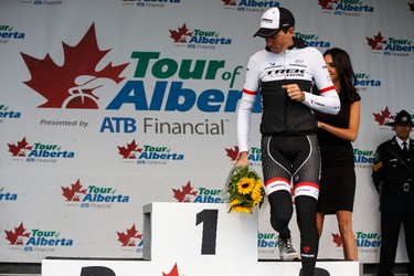 Second place finisher Laurent Didier with Trek Factory Racing accidentally stands on the third place box before moving to the second place box during the stage presentation at the end of Stage 5 of the Tour of Alberta, which ran from Edson to Spruce Grove, in Spruce Grove, Alta., on Sunday September 6, 2015. The race finishes in Edmonton on Sept. 7. Ian Kucerak/Edmonton Sun/Postmedia Network