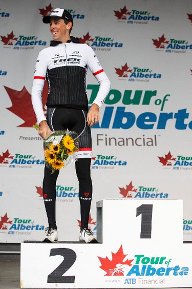 Second place finisher Laurent Didier with Trek Factory Racing grins after standing on the third place box before moving to the second place box during the stage presentation at the end of Stage 5 of the Tour of Alberta, which ran from Edson to Spruce Grove, in Spruce Grove, Alta., on Sunday September 6, 2015. The race finishes in Edmonton on Sept. 7. Ian Kucerak/Edmonton Sun/Postmedia Network