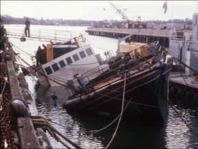 A file picture taken on August 14, 1985 shows the Greenpeace ecologist organization boat "Rainbow Warrior" which was sunk in the bay of Auckland on July 10, 1985 by French secret services, as it was en route to Pacific Ocean to protest against French nuclear tests. Colonel Jean-Luc Kister, the combat diver of the French DGSE (General Direction of Foreign Security) who planted the explosive charge which sank the ''Rainbow Warrior'' apologized in an interview broadcasted 30 years after the fiasco, on September 6, 2015. AFP PHOTO / PATRICK RIVIERE