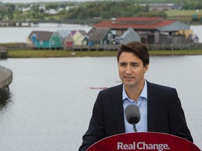Liberal leader Justin Trudeau addresses a group during an event in Bouctouche, N.B., Tuesday, September 8, 2015. (THE CANADIAN PRESS/Jonathan Hayward)
