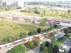 Buses are lined up on all sides of Hurdman Station Tuesday morning after changes to the station for LRT construction caused near gridlock during the morning rush hour. (Chrystal Beckett Submitted image Ottawa Sun / Postmedia Network)