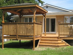 The new 16-foot-by-16-foot cedar-look deck with gazebo offers plenty room for shade and is the perfect backdrop for a welcoming outdoor space.