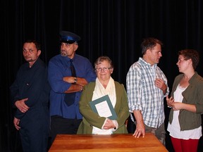 Josh Cottrell (left), Deighton Thomas, Shirley Barr, Jeff Werkmeister and Kara Gulliver at a rehearsal for Middletown at the Palace Theatre. (Photo courtesy Ashleigh Barney).