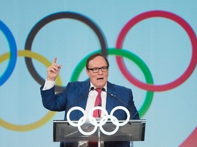 Canadian Olympic Committee president Marcel Aubut speaks during a World Sport Luncheon in Montreal Thursday, July 9, 2015. (THE CANADIAN PRESS/Graham Hughes)