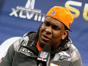 Tackle Orlando Franklin #74 of the Denver Broncos talks to the media during Super Bowl XLVIII Media Day at the Prudential Center on January 28, 2014 in Newark, New Jersey. Jeff Zelevansky/Getty Images/AFP