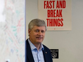 Conservative Leader Stephen Harper makes his way into the office at Facebook during a campaign stop in Mississauga. (THE CANADIAN PRESS/Adrian Wyld)