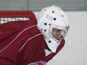 Kingston Voyageurs goalie David Poirier gets ready to take part at practice at the Invista Centre on Tuesday. Poirier is in his first season with the Voyageurs. (Ian MacAlpine/The Whig-Standard)