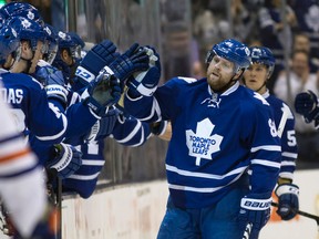 Toronto Maple Leafs forward Phil Kessel celebrates his goal against the Edmonton Oilers in Toronto on Saturday February 7, 2015. (Craig Robertson/Toronto Sun)