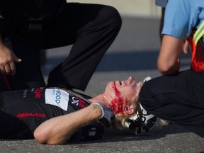 Andrew House of Goderich is recovering in hospital after a crash during the Tour di Via Italia cycling race in Windsor on Sept. 6. (Dax Melmer/Postmedia Network)