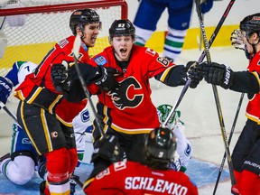 Calgary Flames centre Sam Bennett (63) celebrates his goal with teammates during Game 3 of a first-round NHL playoff series against the Vancouver Canucks April 19 at Scotiabank Saddledome in Calgary.
(Sergei Belski/USA TODAY Sports)