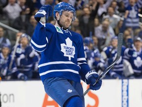 Former Toronto Maple Leafs defenseman Cody Franson (4) celebrates after scoring a goal against the Washington Capitals at Air Canada Centre. Tom Szczerbowski-USA TODAY Sports
