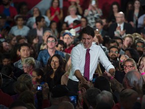 Liberal leader Justin Trudeau greets supporters at a rally in Edmonton on Sept. 9, 2015. (THE CANADIAN PRESS/Jonathan Hayward)