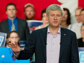 Conservative Leader Stephen Harper speaks during a rally with supporters during a campaign stop in New Annan, P.E.I., on Thursday, Sept. 10, 2015. (The Canadian Press)