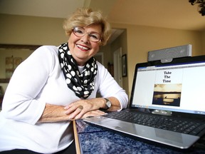 Annelinde Kelly, who is releasing a book of poetry and short stories, written over the past 50 years, shows off the cover on her laptop in Sudbury, Ont. Gino Donato/Sudbury Star/Postmedia Network