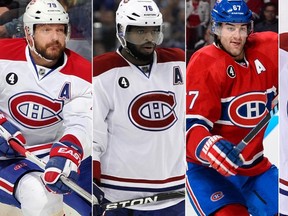 From left to right, Andrei Markov, P.K. Subban, Max Pacioretty and Tomas Plekanec are considered frontrunners to be the next captain of the Canadiens. (AP/AFP/USA TODAY Sports/Files)