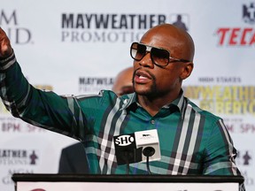Floyd Mayweather Jr. speaks during a news conference on Sept. 9, 2015, ahead of his bout against Andre Berto on Saturday. (John Locher/AP Photo)