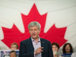 Conservative leader Stephen Harper speaks during a rally with supporters during a campaign stop in New Annan, P.E.I., on Sept. 10, 2015. (THE CANADIAN PRESS/Adrian Wyld)