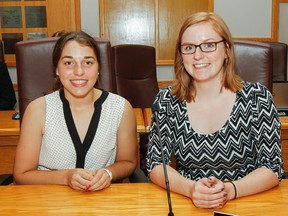 Kingston Grade 12 students Elizabeth McAuley, left, and Polly van Herpt are sharing their own experiences in how they got involved in school activities to help other students see how easy it is and fun it can be. The two are also students trustees and were in attendance at the Limestone District School Board meeting in Kingston, Ont. on Wednesday September 9, 2015. Julia McKay/The Kingston Whig-Standard/Postmedia Network