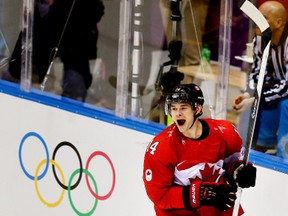 Team Canada's Chris Kunitz celebrates his goal against Sweden during the gold medal game at the Bolshoy Ice Dome during the Sochi Winter Olympics in Sochi, Russia, on Feb. 23, 2014. (Al Charest/Postmedia Network/Files)