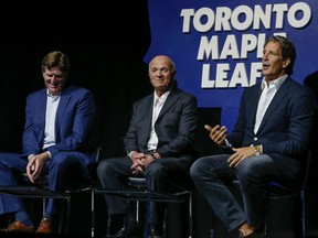 Mike Babcock, Lou Lamoriello and Brendan Shanahan answer questions from season ticket holders at the ACC in Toronto on September 10, 2015. (Dave Thomas/Toronto Sun/Postmedia Network)