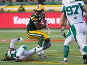 Devon Bailey, shown in action earlier this season, scored his first CFL touchdown two weeks ago. (The Canadian Press)