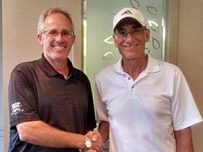 Neil Maltin is the 2015 Huron Oaks Golf Club's senior champion after carding a 73 at the annual event. From left are Huron Oaks head professional Cameron Rankin and Maltin. Handout/Sarnia Observer/Postmedia Network