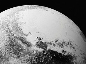 A synthetic perspective view of Pluto, based on the latest high-resolution images to be downlinked from NASA's New Horizons spacecraft, shows what you would see if you were approximately 1,100 miles (1,800 kilometers) above Pluto's equatorial area, looking toward the bright, smooth, expanse of icy plains informally called Sputnik Planum, in this image taken July 14, 2015 and released September 10, 2015.  The images were taken as New Horizons flew past Pluto from a distance of 50,000 miles (80,000 kilometers).  REUTERS/NASA/Handout via Reuters
