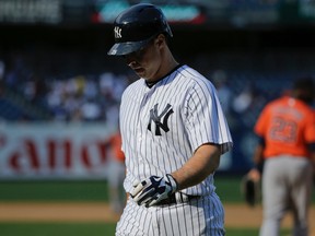 New York Yankees' Mark Teixeira reacts after a baseball game against the Houston Astros in New York on Aug. 26, 2015, in New York. (AP Photo/Frank Franklin II)
