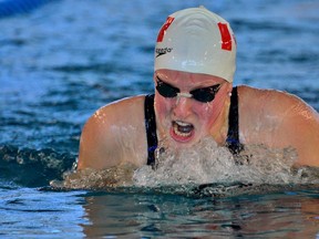 Leading Seaman Marlee Parlmer of HMCS Nonsuch in Edmonton digs in on her way to a bronze medal in the 200 metre breaststroke event at the 2015 CISM World Military Swimming & Para-Swimming Open in Fontainebleau, France. Photo Supplied/Royal Canadian Navy