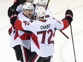 The Ottawa Senators celebrate an equalizing goal by forward Max McCormick against the Toronto Maple Leafs with 35.8 seconds left in the third period during their NHL Rookie Tournament hockey game at Budweiser Gardens in London, Ont. on Friday September 11, 2015. 
Craig Glover/The London Free Press/Postmedia Network