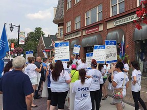 More than 50 members of Local 151, Community Living Elgin were joined last week by OPSEU president Smokey Thomas, first vice-president/treasurer Eddy Almeida and Region 1 vice-president Ron Elliot in a protest outside the constituency office of Dr. Helena Jaczek, Minister of Community and Social Services and MPP for Oak Ridges-Markham.