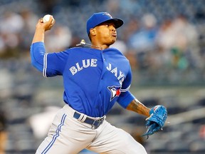 Marcus Stroman of the Toronto Blue Jays pitches in the first inning against the New York Yankees at Yankee Stadium on September 12, 2015 in the Bronx borough of New York City.  (Jim McIsaac/Getty Images/AFP)
