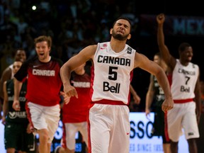 Canada’s Cory Joseph celebrates his game-winning basket in Saturday night’s 87-86 win in the third-place game over host Mexico at the FIBA Americas championship. (AP/PHOTO)