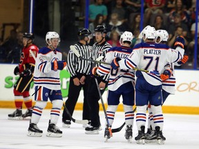 Edmonton Oilers celebrate a goal on the Calgary Flames during 2 nd period in Young Stars game at  Penticton, BC on September12 2015. Perry Mah/Edmonton Sun/Postmedia Network