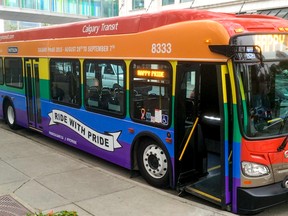 Calgary Transit's Pride bus sits outside of City Hall in downtown Calgary, Alta., on Aug. 27, 2015. (Lyle Aspinall/Calgary Sun/Postmedia Network)
