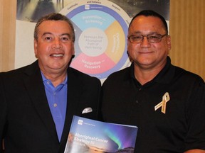Supplied photo
Union of Ontario Indians Grand Council Gr‎and Chief Patrick Madahbee and Union of Ontario Indians health policy analyst Tony Jocko display a copy of Cancer Care Ontario's Aboriginal Cancer Strategy 111 in Toronto.