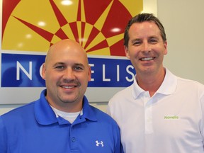 Novelis Kingston's plant manager Jake Czyz (left) and Novelis CEO Steve Fisher in Kingston, Ont. on Saturday September 12, 2015. Steph Crosier/Kingston Whig-Standard/Postmedia Network