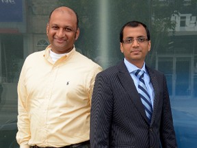 Co-owner Ken Patel, left, and co-owner and pharmacist Vik Patel at Medsave Pharmacy on Dundas Street. (MORRIS LAMONT, The London Free Press)