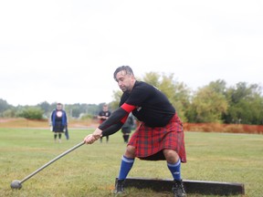 Dale Andrew competes in the 22 lbs., hammer throw during the heavy events at the Trenton Scottish Irish Festival.